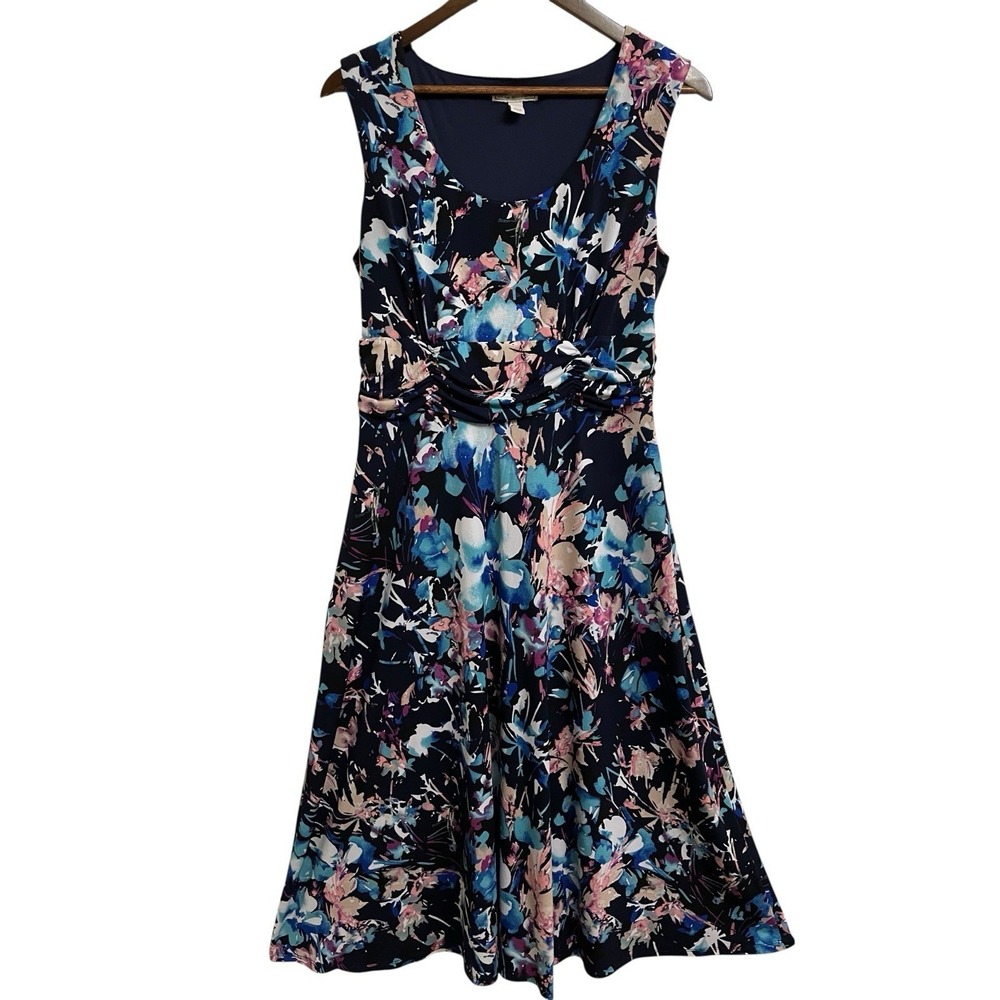 Dana Buchman Floral Ruched Midi Dress Womens Size M Navy Blue